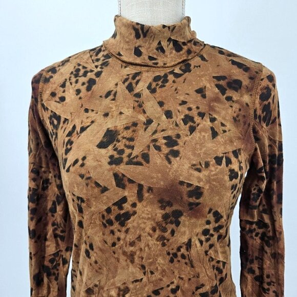 Sno Skins Leopard Print Turtleneck Top Brown Women's XS Slim Preppy Lounge Wear - Picture 2 of 7